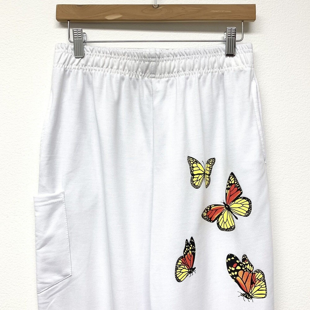 White Butterfly Cargo High Rise Sweatpants Womens Size Medium Pockets Joggers - Picture 3 of 9